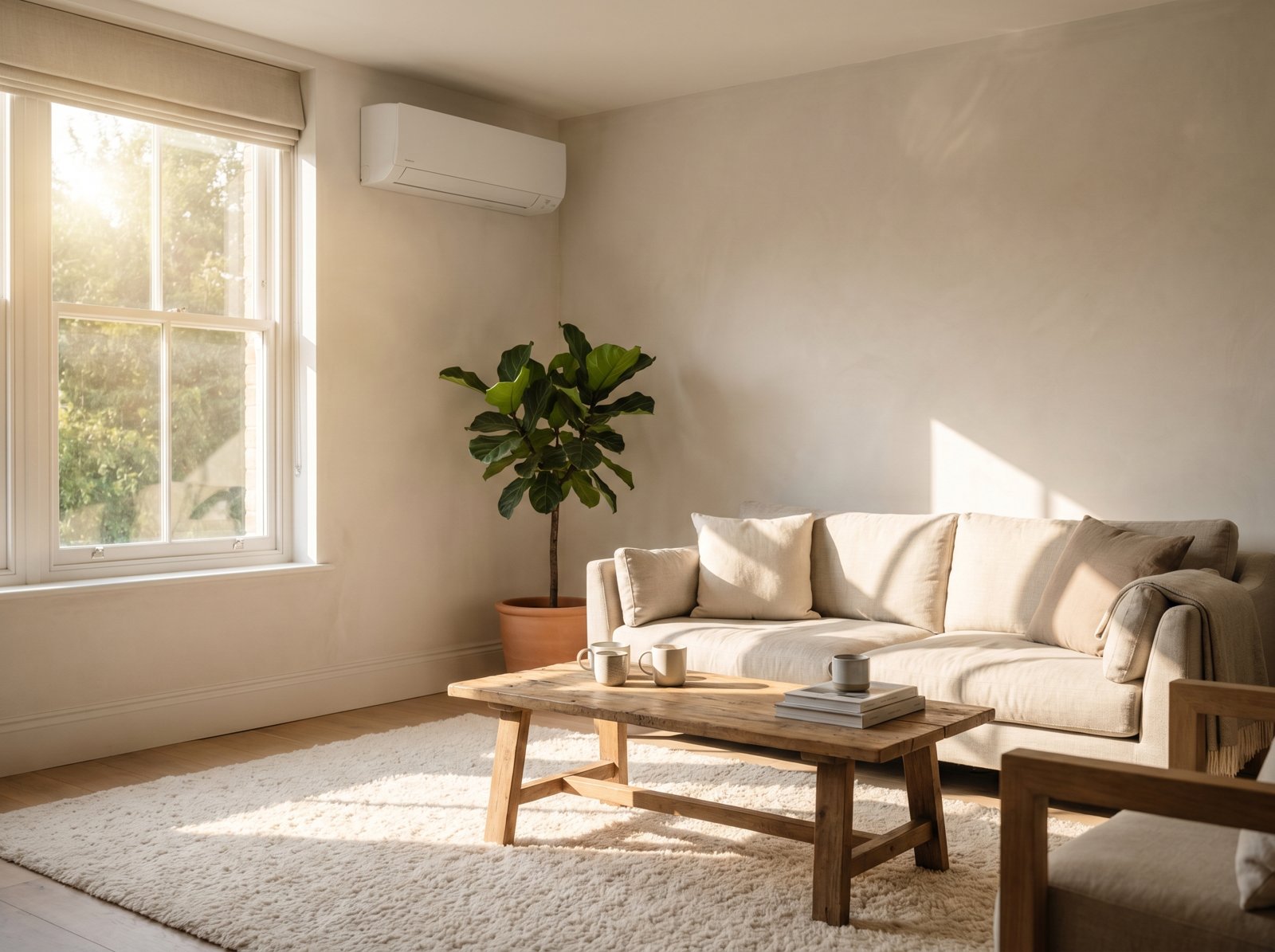 Cool, comfortable living room with discreet wall-mounted air conditioning